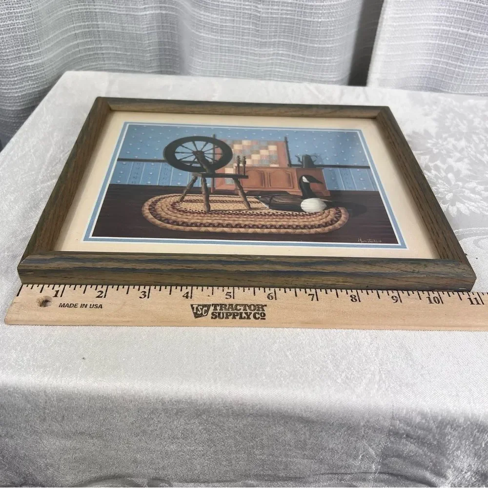 Vintage Moustakos Lithograph Favorite Decoy Framed Spinning Wheel Goose Folk Art